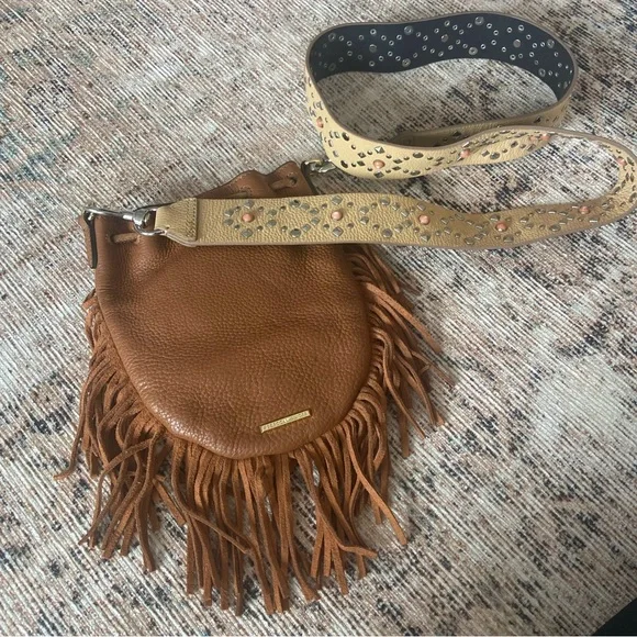 🛑SOLD Rebecca Minkoff Boho Tan Suede Fringe Crossbody Embellished Strap Handbag - Picture 4 of 13